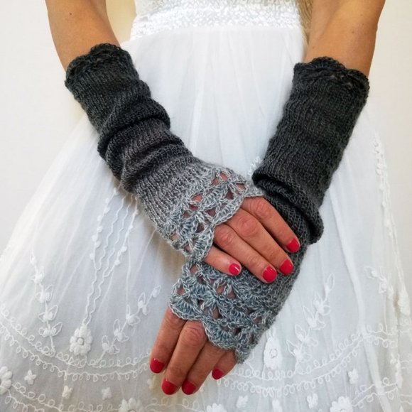 Midnight Shadows Handmade Knit Fingerless Long Gloves Ombre Grey to Black - Picture 6 of 7